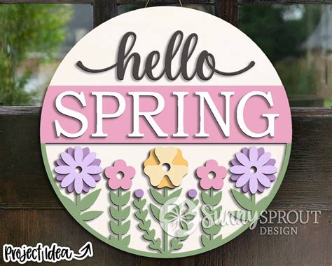 Hello Spring Flower Sign Round Door Hanger Svg Spring Etsy