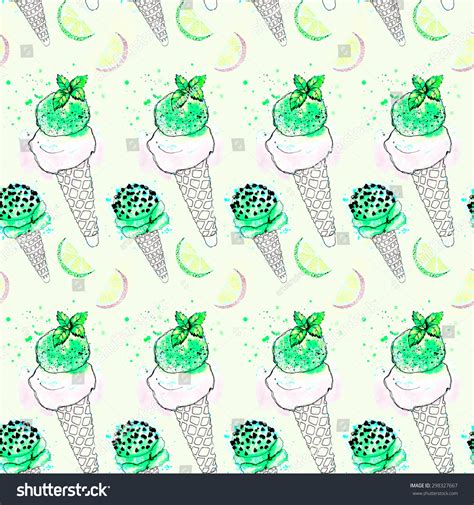 Watercolor Ice Cream Cone Seamless Pattern Stock Illustration