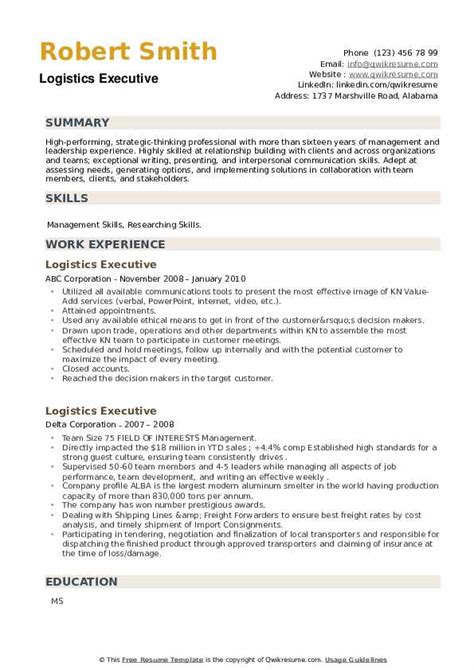 Logistics Executive Resume Samples Qwikresume