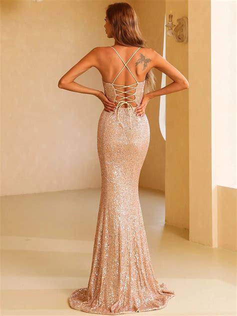 Missord Crisscross Lace Up Zipped Backless Split Thigh Sequin Prom Dre