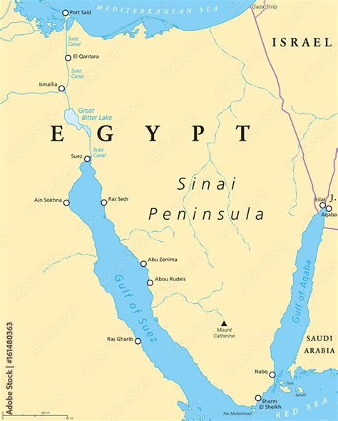 Egypt, Sinai Peninsula political map. Situated between Mediterranean ...