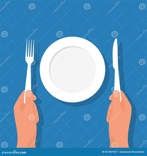 Fork Knife In Hand Man Sitting At Table With An Empty Plate Vector