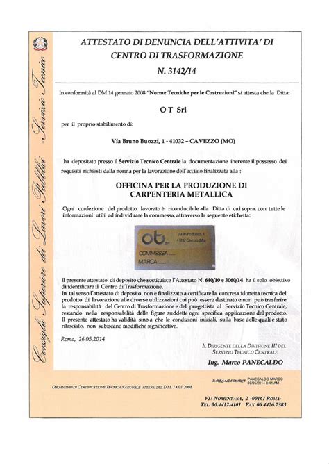 Certificazioni Ot S R L Costruzioni Meccaniche