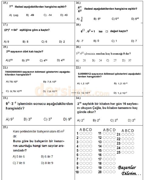 8 Sınıflar Matematik Dersi 1 Dönem 1 Yazılı Sınav Soruları