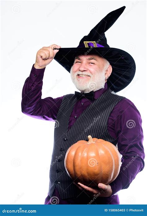 Making Jack O Lantern Mature Man Magician In Witch Hat Bearded Man