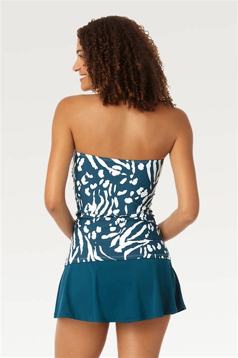 Blue White Print Sweetheart Neckline Tankini Set With Blue Skirt