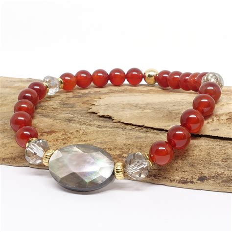 Bracelet En Pierre Naturelle D Onyx Et Cornaline