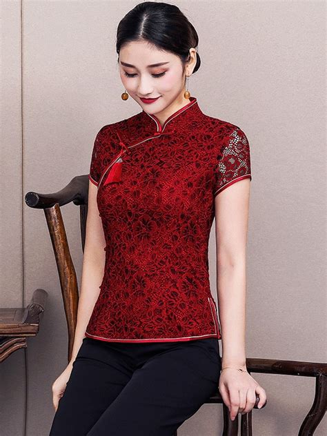 Wine Red Lace Qipao Cheongsam Blouse Top CozyLadyWear