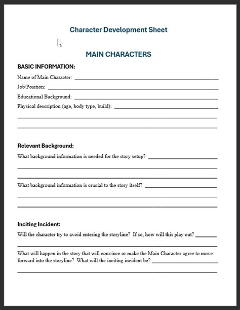 Character Development Worksheet Read First