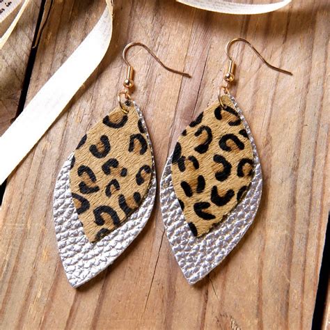 Leopard Printed Double Layered Leather Earrings In Leather