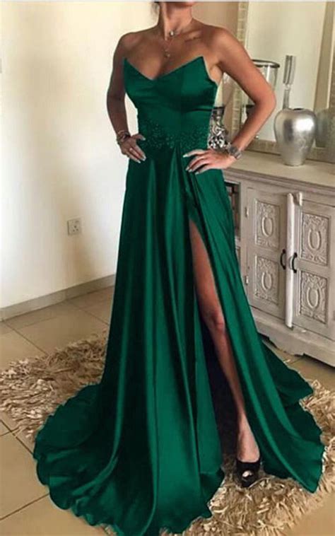 Green Prom Dresses Long Satin Strapless Sparkledress Green Prom