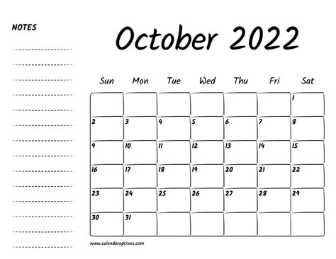 October 2022 Calendar Printable