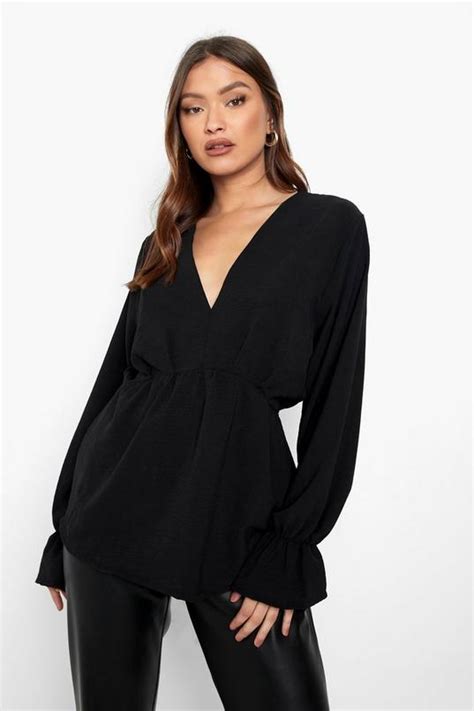 Womens Black Waist Detail Volume Sleeve Textured Blouse Boohoo Uk