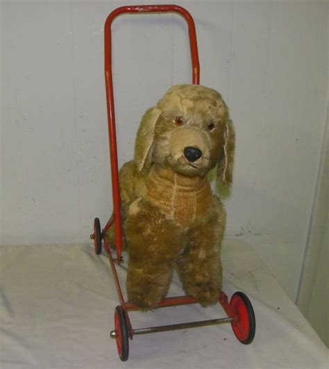 Vintage Old Push Toy Stuffed Dog On Wheels Ebay