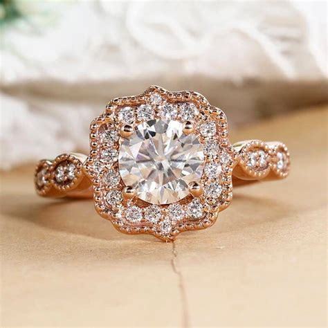 Vintage Def Moissanite Engagement Ring Rose Gold Art Deco Diamond Halo