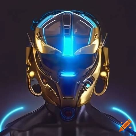 Futuristic Gold Robotic Helmet With Blue Glowing Visor On Craiyon