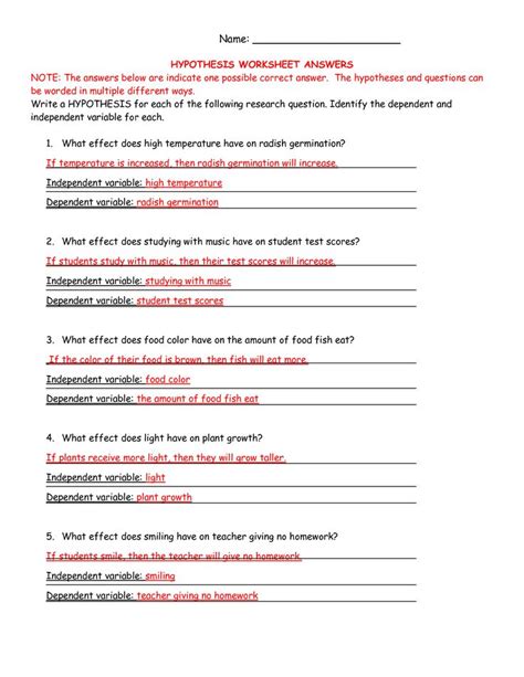 Hypothesis Worksheet Grade Label