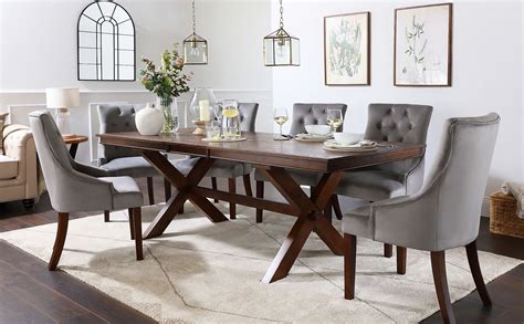 Grange Dark Wood Extending Dining Table with 8 Duke Grey Velvet Chairs ...