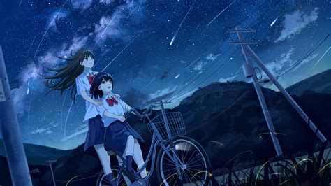 Anime Girls Riding Bike Night Sky 4K 40j Wallpaper PC Desktop