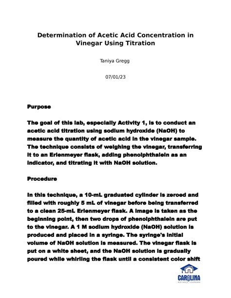 Lab Report Determination Of Acetic Acid Concentration Determination