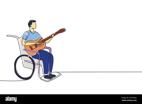 Single One Line Drawing Musician Man Sit Wheelchair With Acoustic