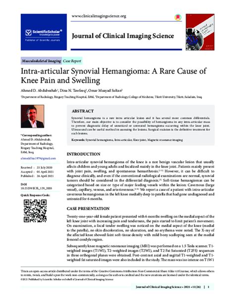 Pdf Intra Articular Synovial Hemangioma A Rare Cause Of Knee Pain