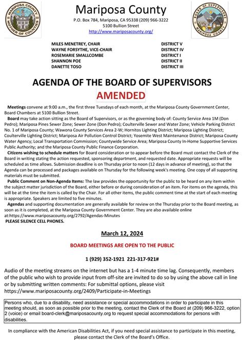 Mariposa County Board Of Supervisors Meeting Agenda For Tuesday March