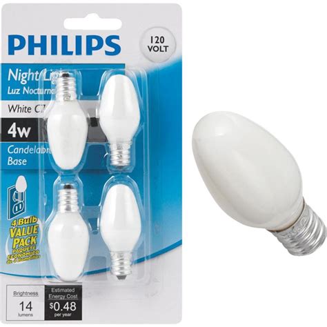 Philips 4w White Candelabra C7 Incandescent Night Light Bulb 4 Pack