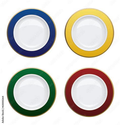 Colorful Plate With Gold Rims On White Background Vector Illust Stock