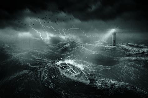 Illustration of stormy seas with lighthouse and clinker boat, nature ...