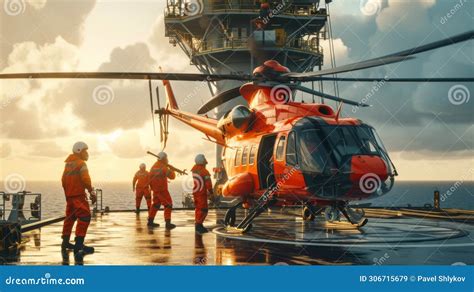 The Helicopter Landing At Oil Rig Platform Stock Illustration