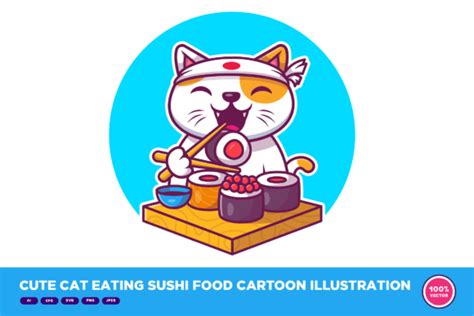 Cute Cat Eating Sushi Food Cartoon Illustration Par Catalyststuff