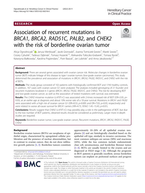 Pdf Association Of Recurrent Mutations In Brca Brca Rad C Palb