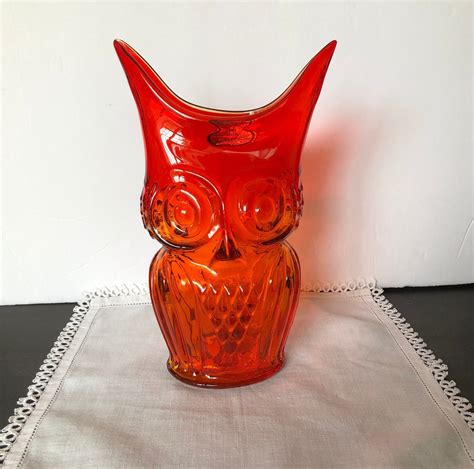 Rare Rainbow Glass Co Pre Viking Mcm 9 Hand Blown Amberina Persimmon Glass Owl Vase With Label