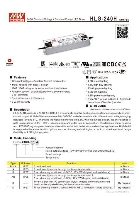 Mean Well Hlg H Ac Dc Single Output Mix Mode Cv Cc With Pfc