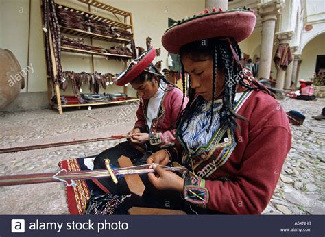 Peruvian Weavers Dressed In Traditional Clothing Cuzco Peru