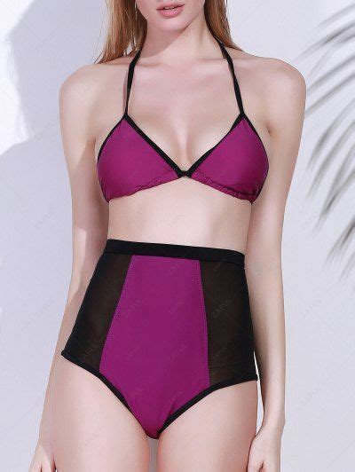 2018 High Waisted Color Block Bikini Set In PURPLE L ZAFUL