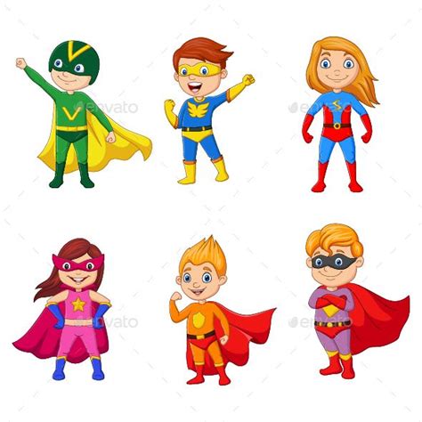 Set of Six Cartoon Superhero kids Characters | Superhero kids, Kid ...