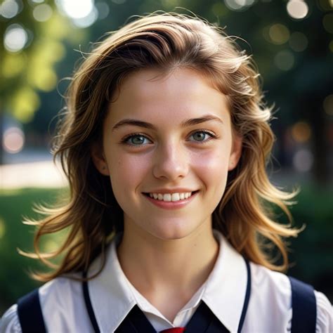 Smiling happy young teenage girl in Catholic schoolgirl uniform ...