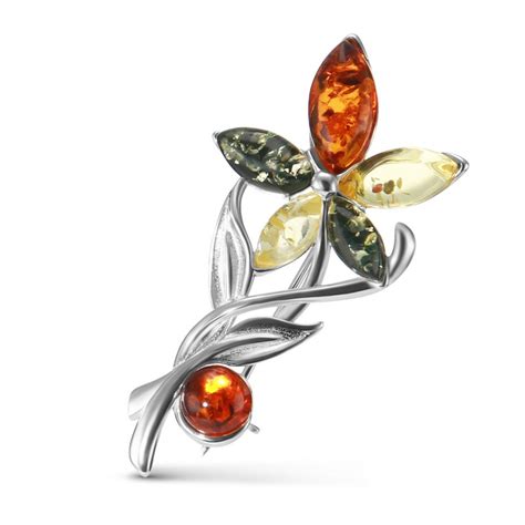 Broche Argent Fleur Et Ambre Multicolore Ref