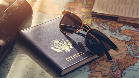 Passport With Sunglasses And Passport On A Map Background Travel