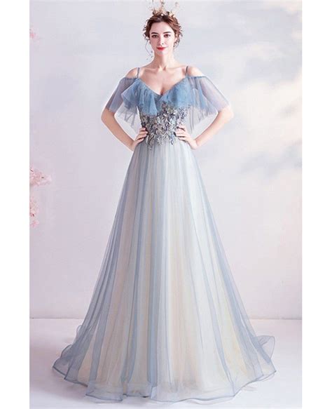 Gorgeous Light Blue Flowy Tulle Prom Dress With Beaded Flowers