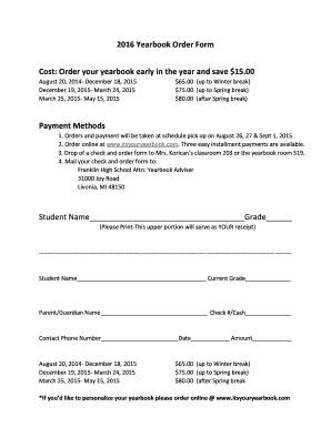 Fillable Online 2016 Yearbook Order Form Cost Order Your Yearbook Early