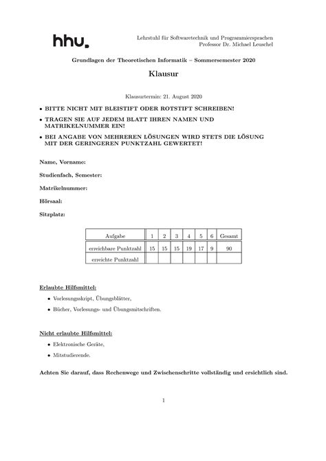 Klausur Lehrstuhl F R Softwaretechnik Und Programmiersprachen