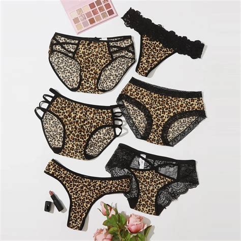 6pc Underwear Women Panties Set Thong Low Waist Leopard Print Translucent Lingerie Sheer Lace