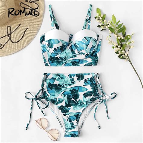 Romwe Sport Green Tropical Print Push Up Bikini With High Waist Bottoms