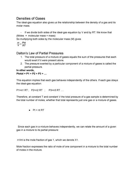 Densities Of Gases The Ideal Gas Equation Also Gives Us The Relationship Between The Density