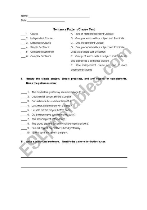 English Worksheets Sentence Pattern Test