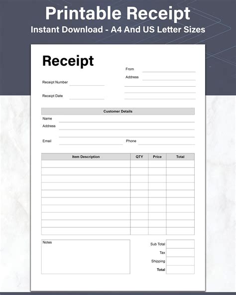 Receipt Template Printable Customer Order Receipt, Small Business