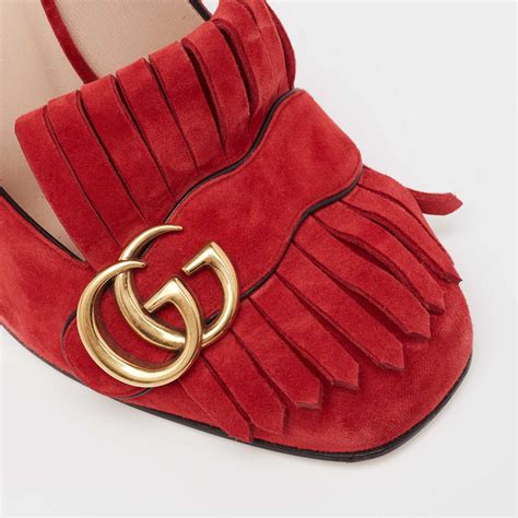 Gucci Red Suede Gg Marmont Fringe Block Heel Pumps Size 39 At 1stdibs